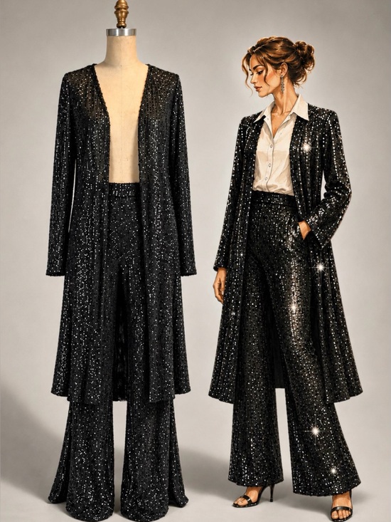 Cato Pants - Black sequin sparkle party suit pants duster cardigan jacket set glam bling